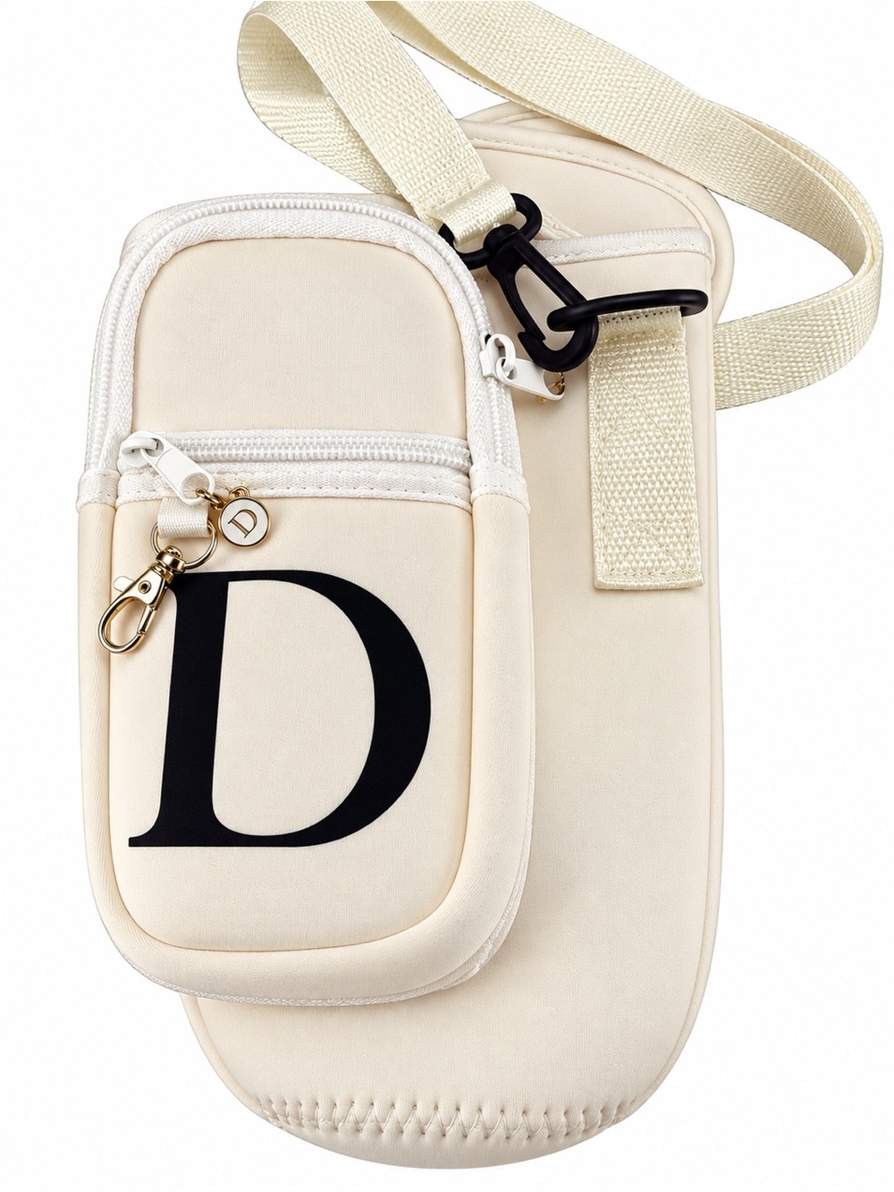 Initial D Crossbody Phone Bag Cream Adjustable Strap Zipper Pouch